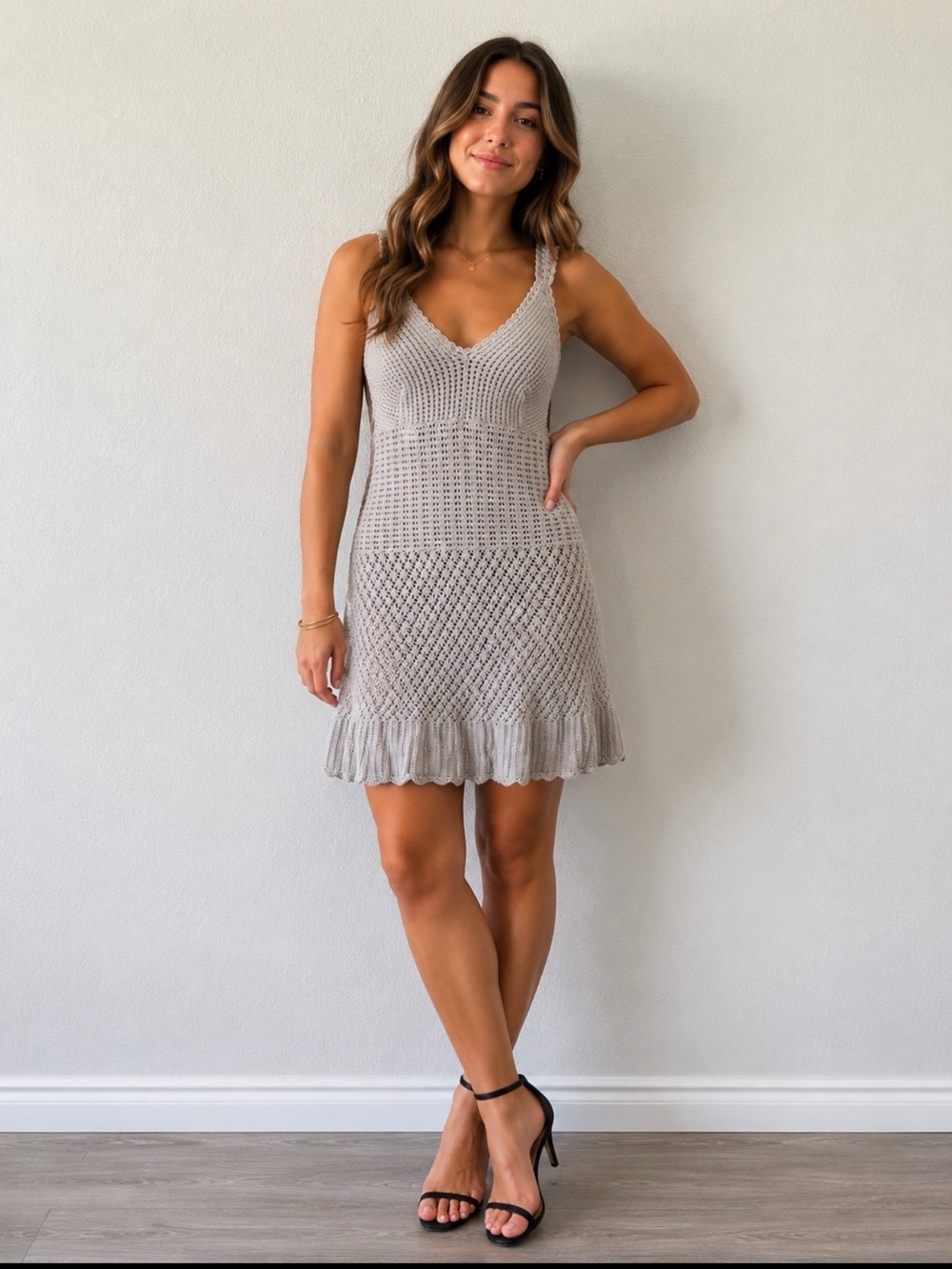 Athleta knit V-Neck Sleeveless Crochet Dress in Light Taupe